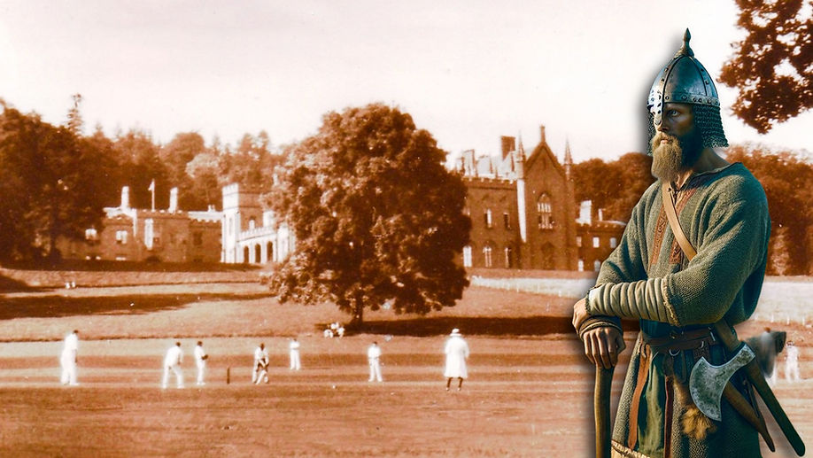 Viking watches cricket match, Axe held, players batting, large castle background, tree.