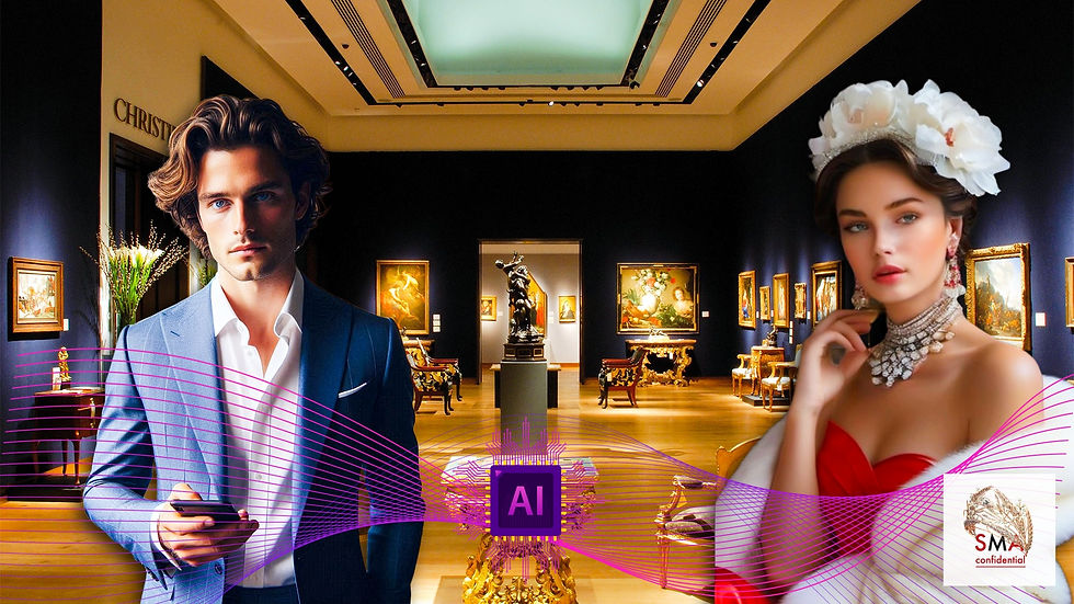 an elegant young man in a suit with a smart phone, an elegant young woman in a red dress and flowers headpiece and jewellery on, word AI, the show room of Christies auction house