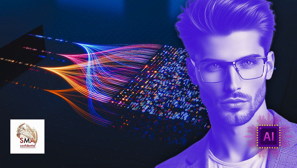 an elegant and intelligent looking young man in glasses, data transfer, SMA Crown Confidential logo, and AI word