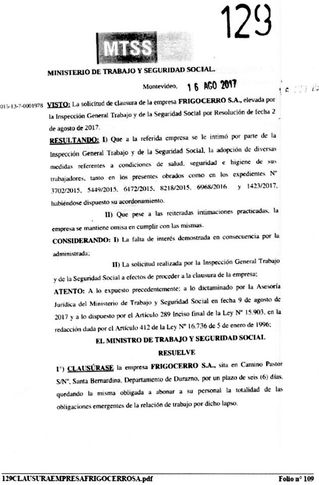 Durazno:
Frigocerro clausurado por seis días
