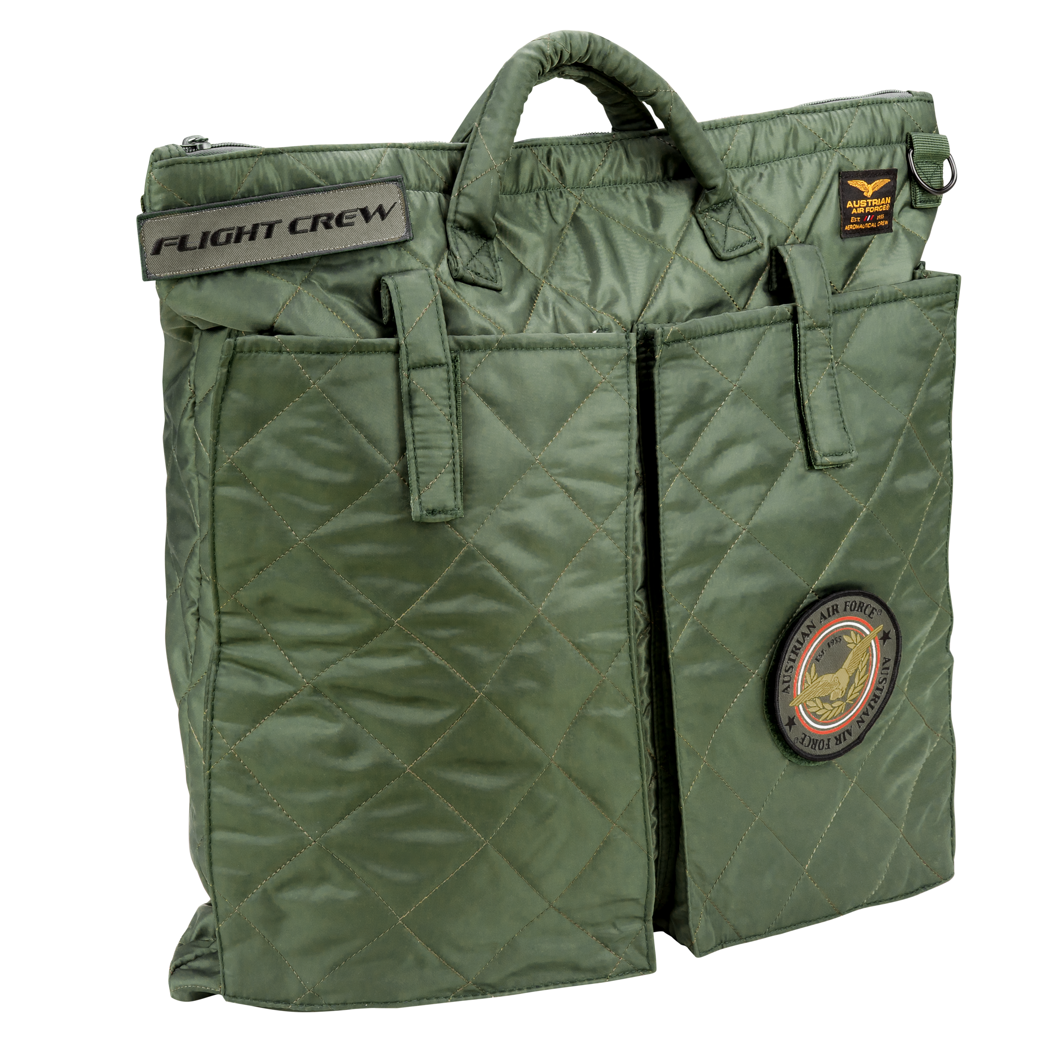 Schräge Seitenansicht der Tasche. Zu sehen runder Klett mit Austrian Air Force Logo.