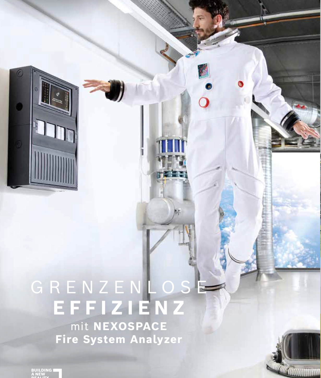 Bosch promotional image showing an astronaut floating in a modern control room, symbolizing limitless efficiency with the NEXOSPACE Fire System Analyzer.
