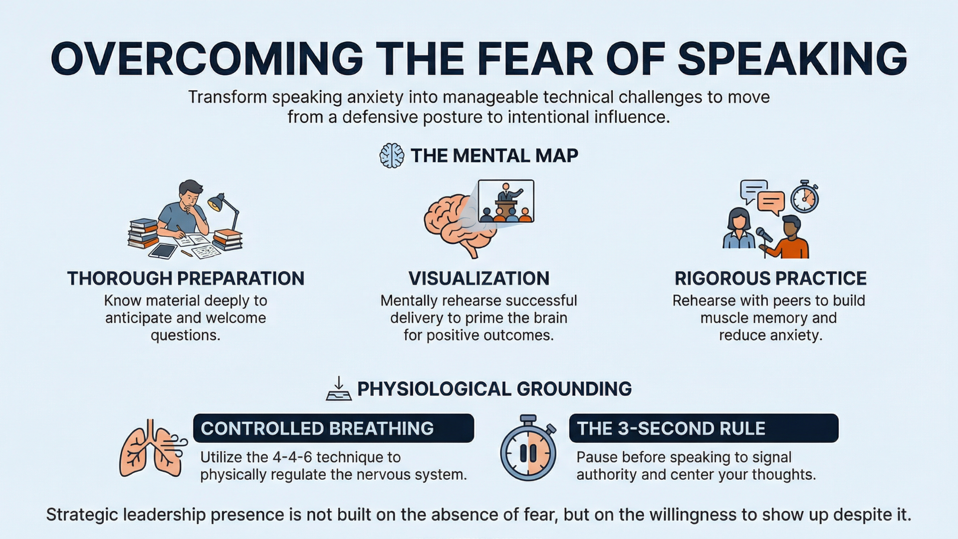 Own.Forge.Become infographic - Public Speaking and Presentation Skills: Overcoming Fear of Speaking, Confidence Building Techniques