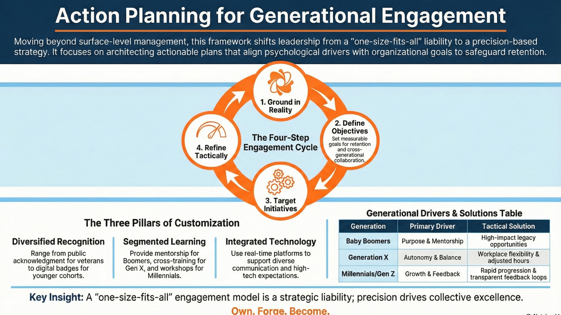 Own.Forge.Become infographic - Building Trust and Accountability: Action Planning for Engagement, Generational Engagement Strategies