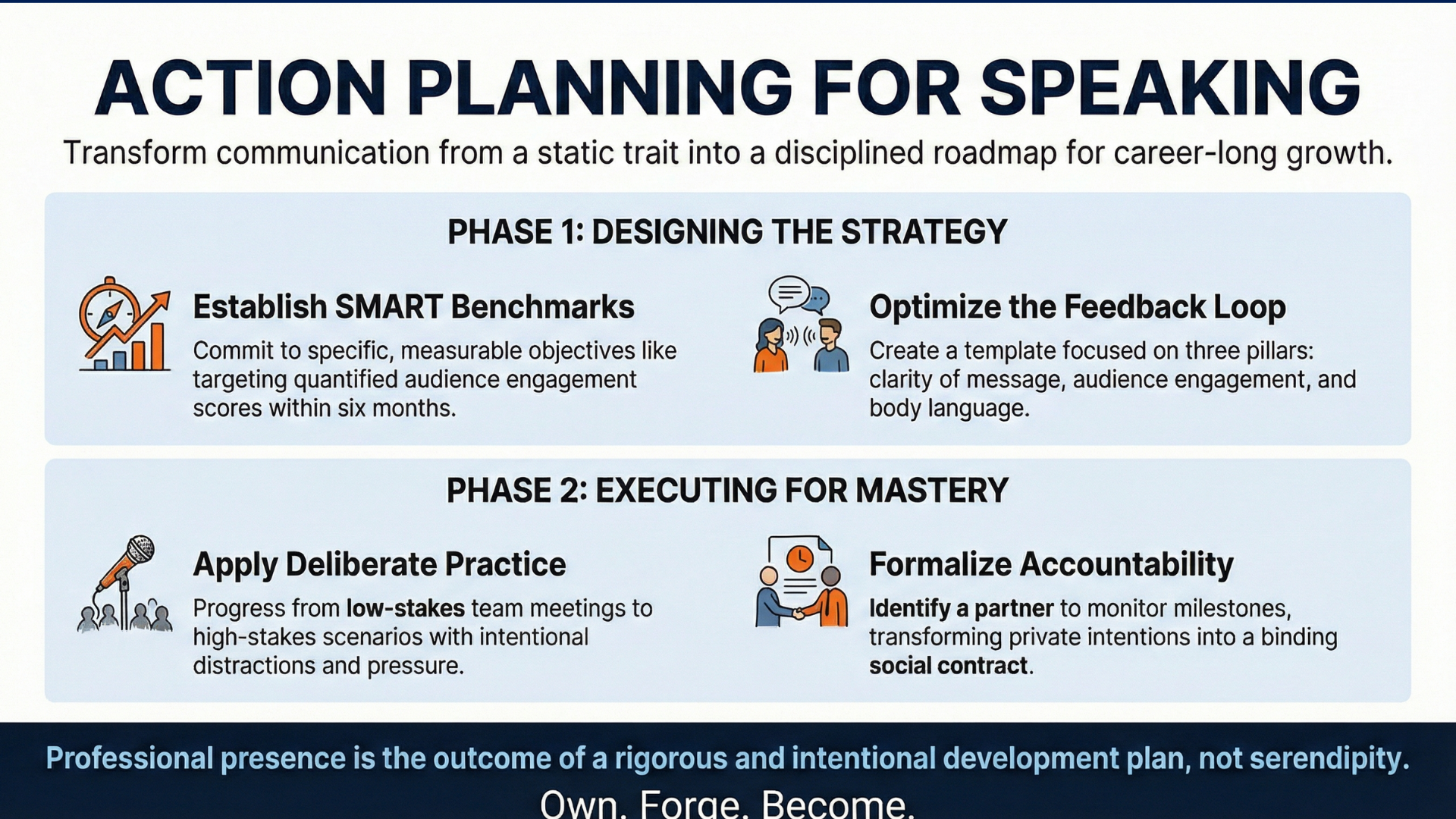 Own.Forge.Become infographic - Public Speaking and Presentation Skills: Action Planning for Speaking, Crafting a Speaking Roadmap