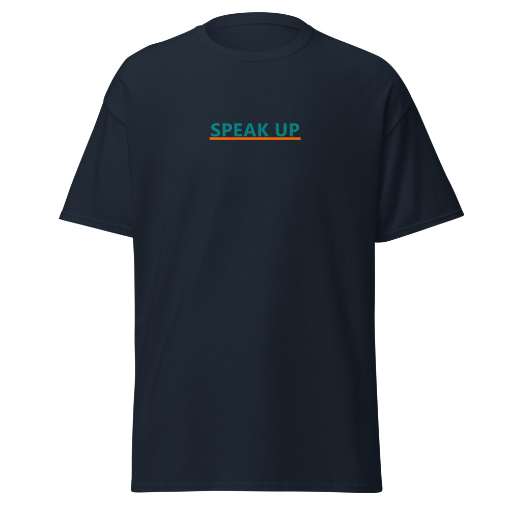 A navy Speak Up statement T-shirt