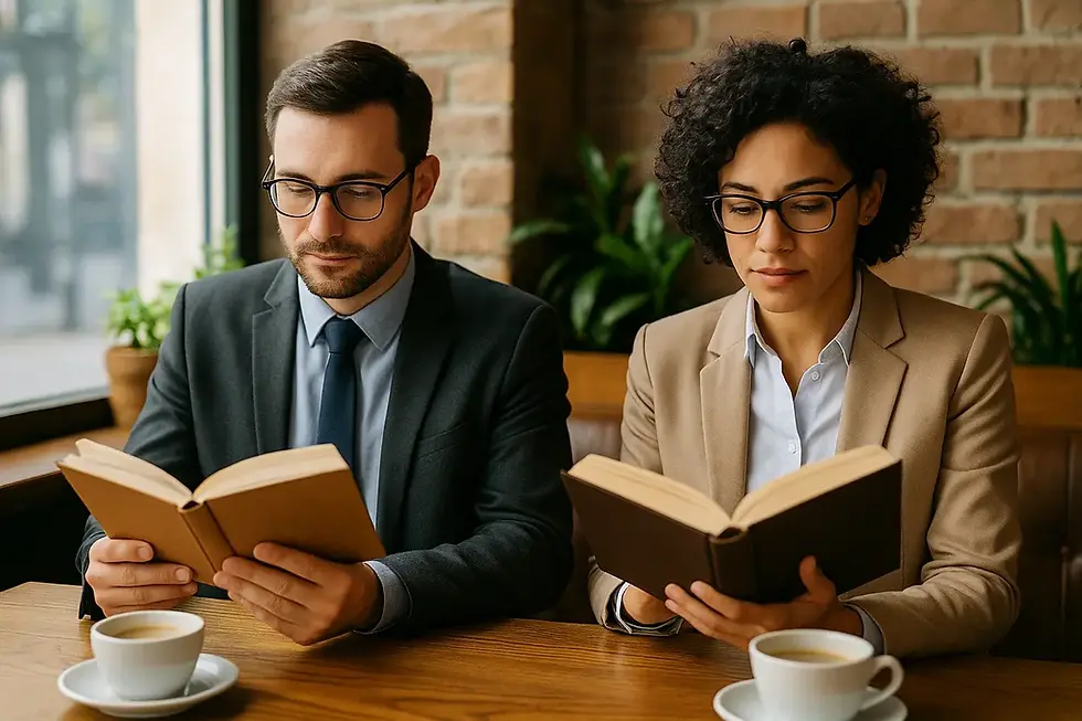 10 Game-Changing Networking and Communication Books - Two people in business attire reading books at a wooden table with coffee cups.
