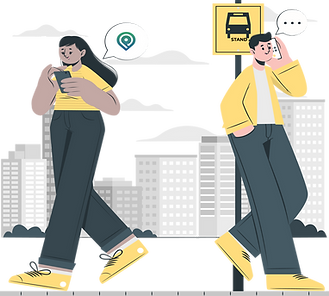 A man is standing in the bustand waiting for a bus and the women text to her is using POOLit carpool app to find a ride to go home