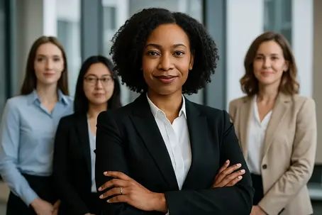 Four women in business attire stand confidently in an office. How Women’s Networking is Redefining Leadership - POOLit Connect