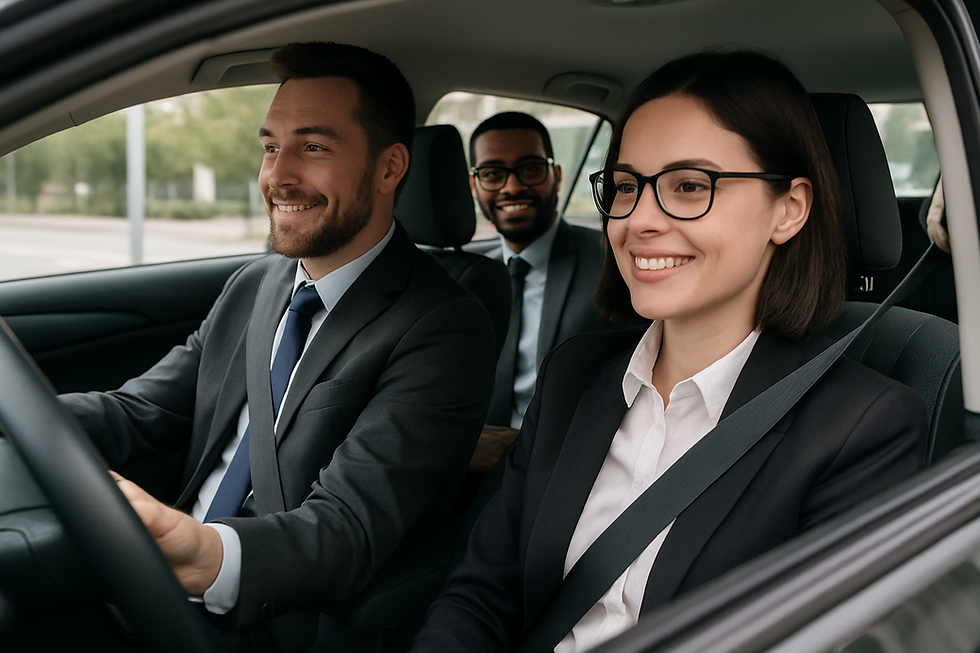 Three people in business attire smiling in a car. The woman and driver are in front, the man is in the back. Greenery outside suggests a city setting.
