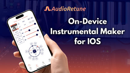 Hand holding phone with music app, labeled "AudioRetune." Text reads "On-Device Instrumental Maker for iOS." Keyboard in background.