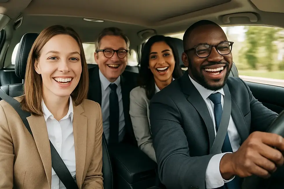 Four people in business attire are carpooling with POOLit Carpool in a cheerful mood.