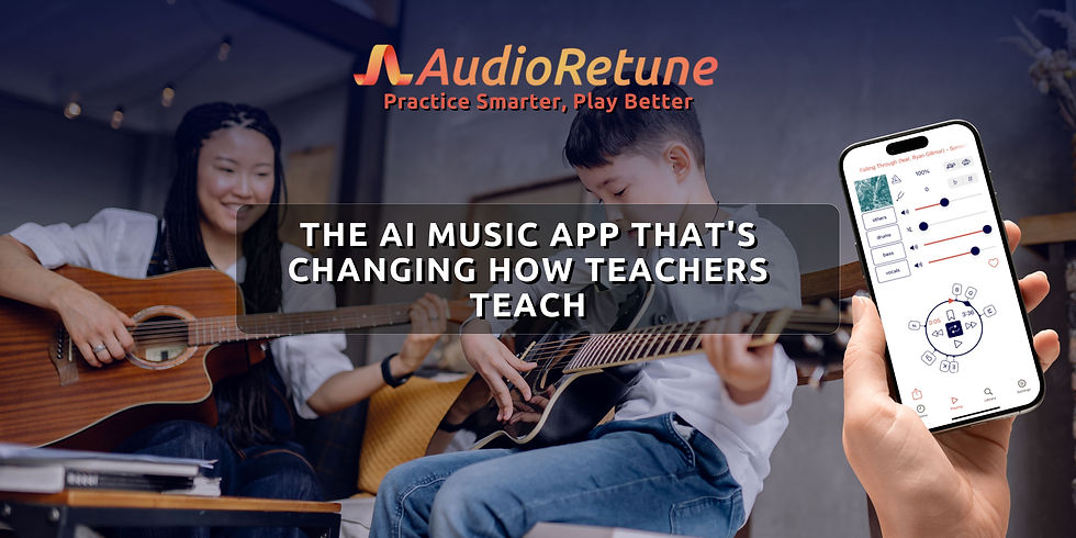 People playing guitars, focusing on a child with a phone showing the AudioRetune app interface. Overlay text: "The AI Music App That’s Changing How Teachers Teach."