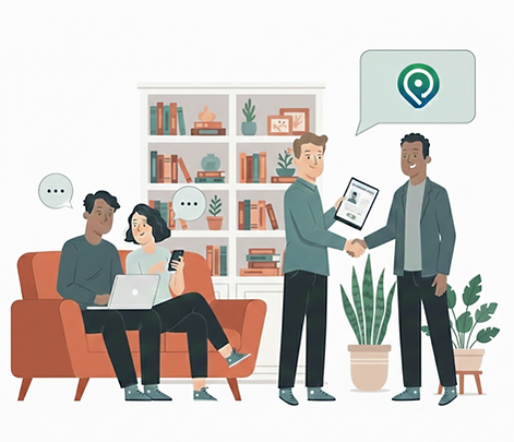 Verified professionals meeting together, discussing while reviewing a roommate profile on POOLit Roommate app