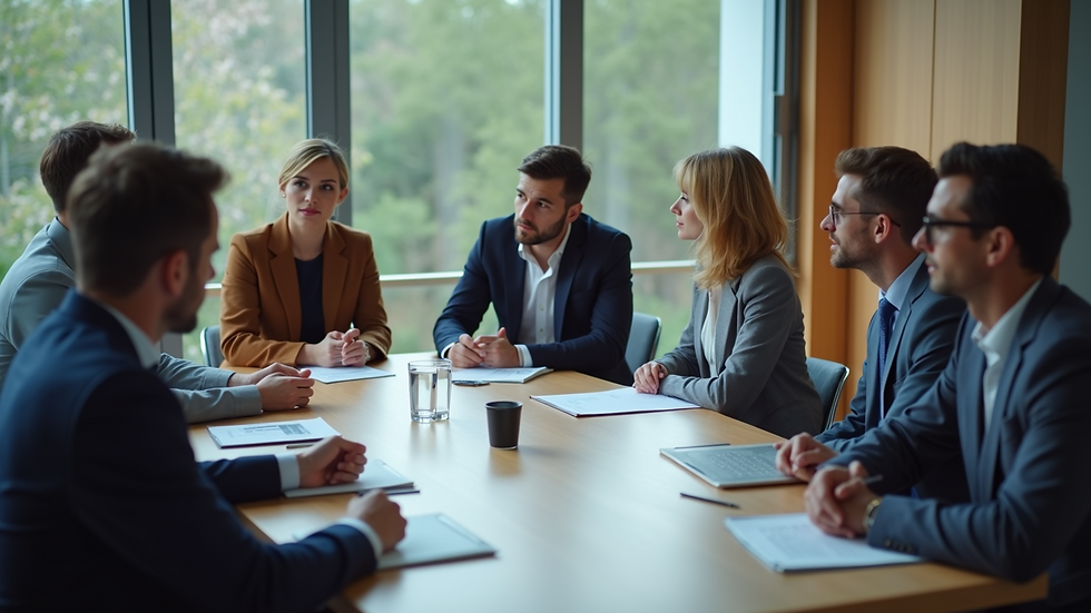 High angle view of a team meeting discussing quality management strategies