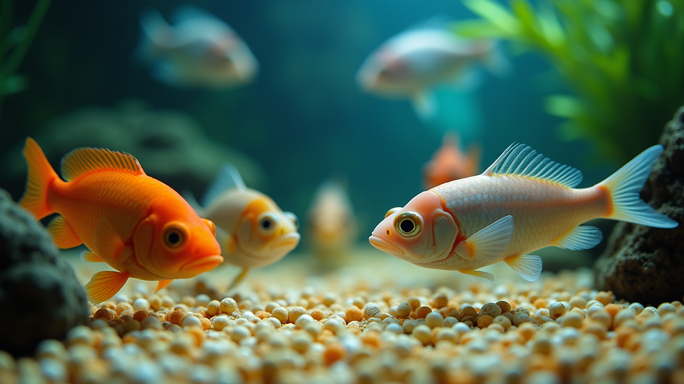 Eye-level view of aquarium with various fish feeding on pellets
