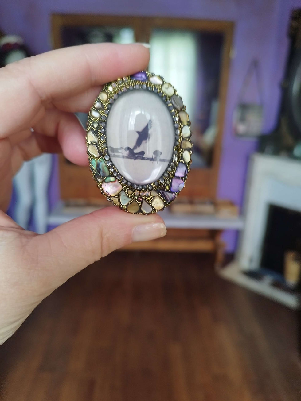 Thumbnail: Secret Garden brooch, "L'Envol" under glass, crystals and mother-of-pearl