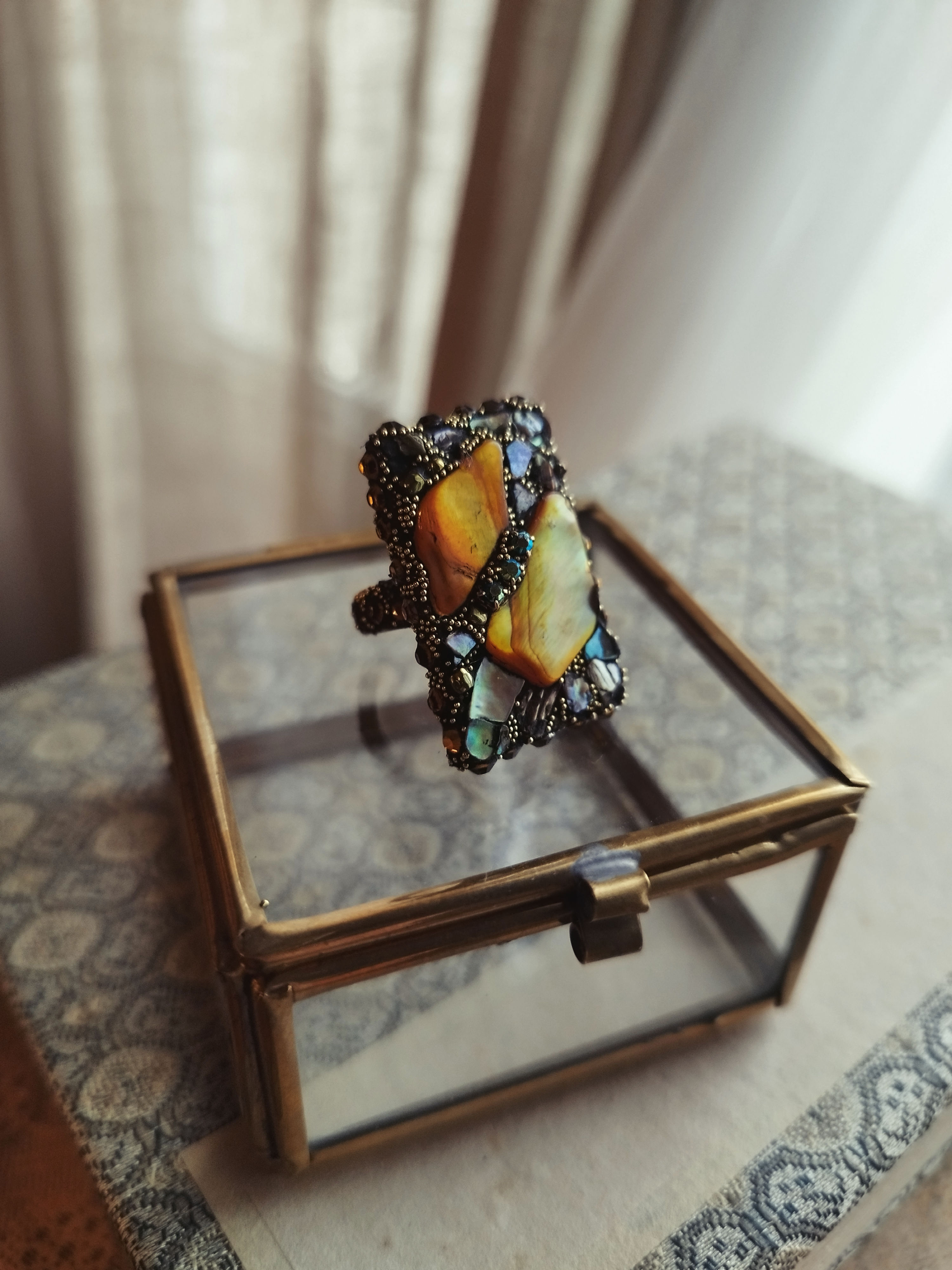 Secret Garden Ring, "Mother-of-Pearl Butterfly", crystals and mother-of-pearl