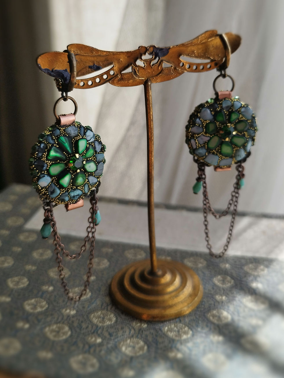 Thumbnail: Secret Garden earrings, "Hublot du Temps"2, resin, crystals and mother-of-pearl