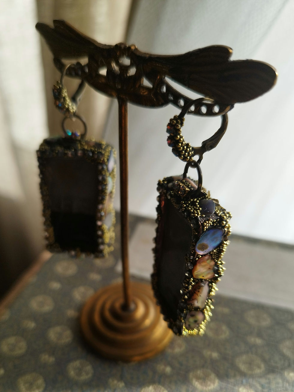Thumbnail: Secret Garden earrings, "The Trees" under resin, crystals and mother-of-pearl