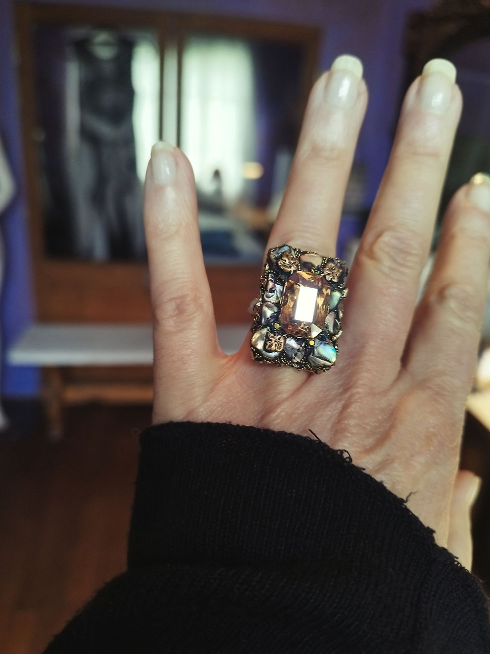 Thumbnail: Secret Garden Ring, "Gold and Ivy", crystals and mother-of-pearl.