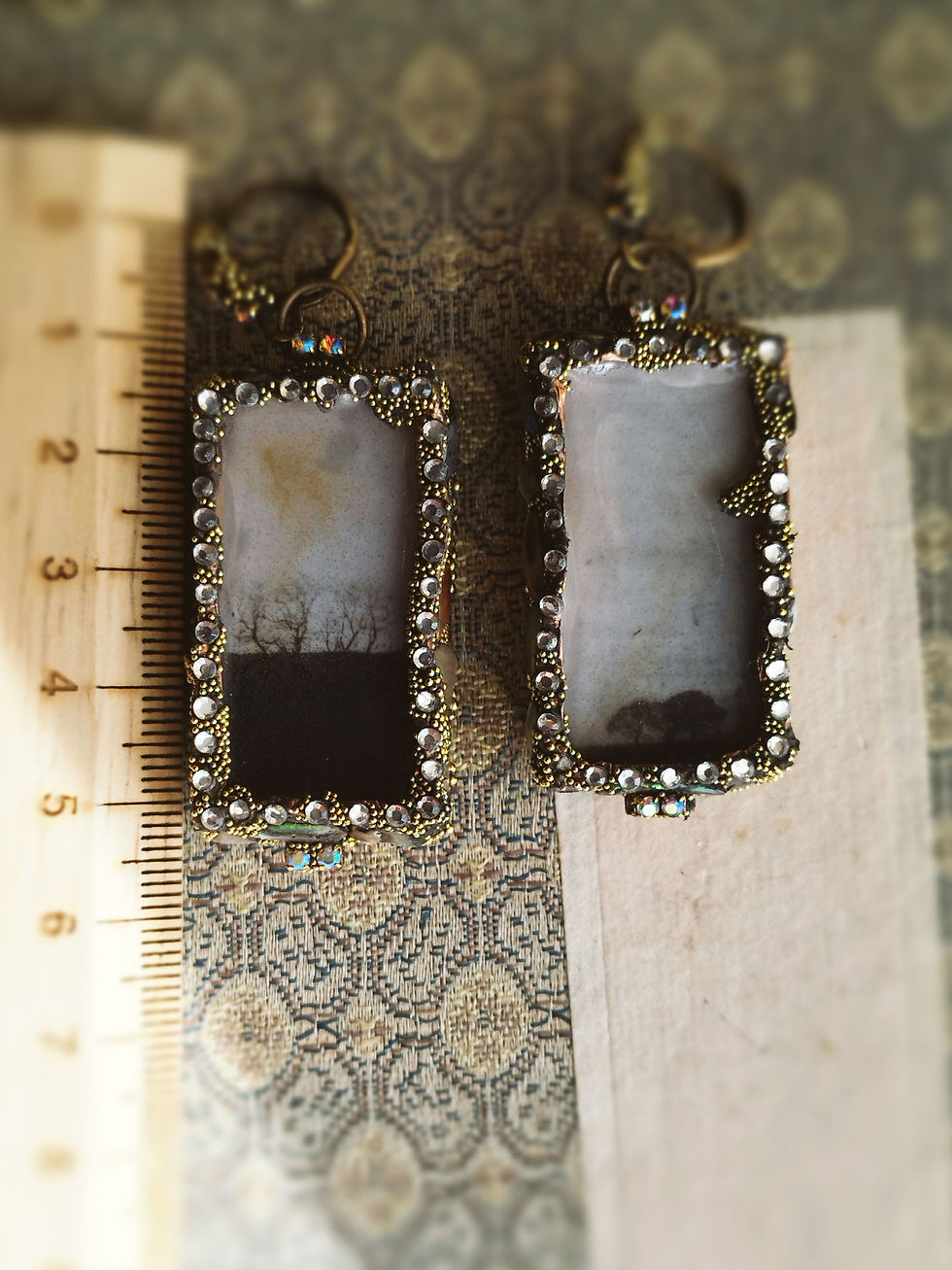 Thumbnail: Secret Garden earrings, "The Trees" under resin, crystals and mother-of-pearl