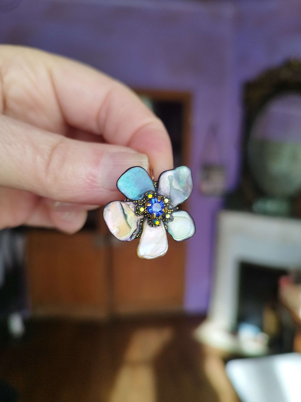 Thumbnail: Secret Garden Sleeper Earrings, "Mother-of-Pearl Flowers", gray and blue, crystals and mother-of-pearl