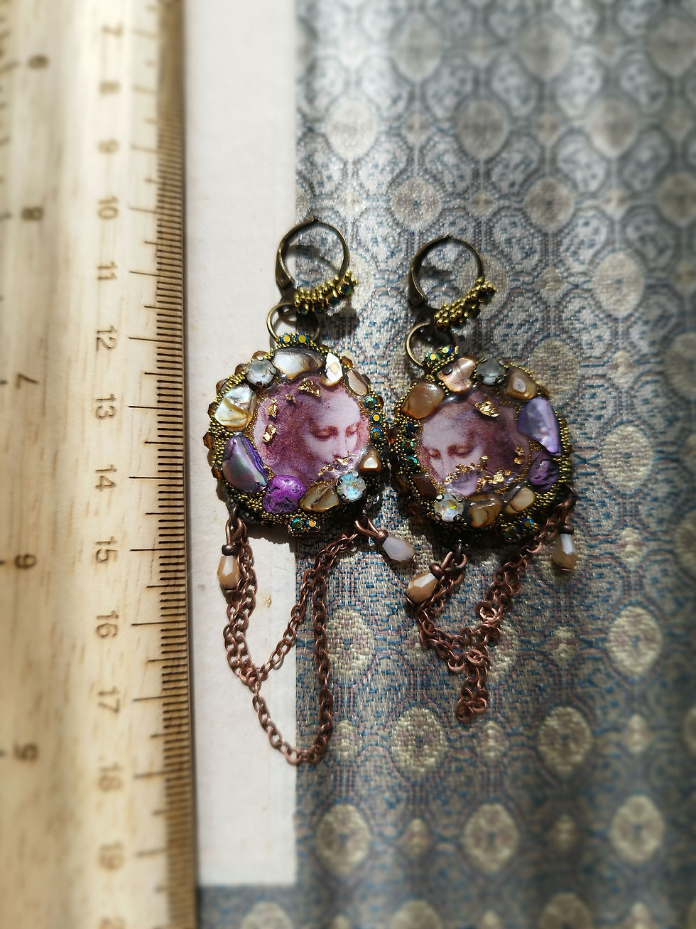 Thumbnail: Secret Garden earrings, "DaVinci" under resin, crystals and mother-of-pearl