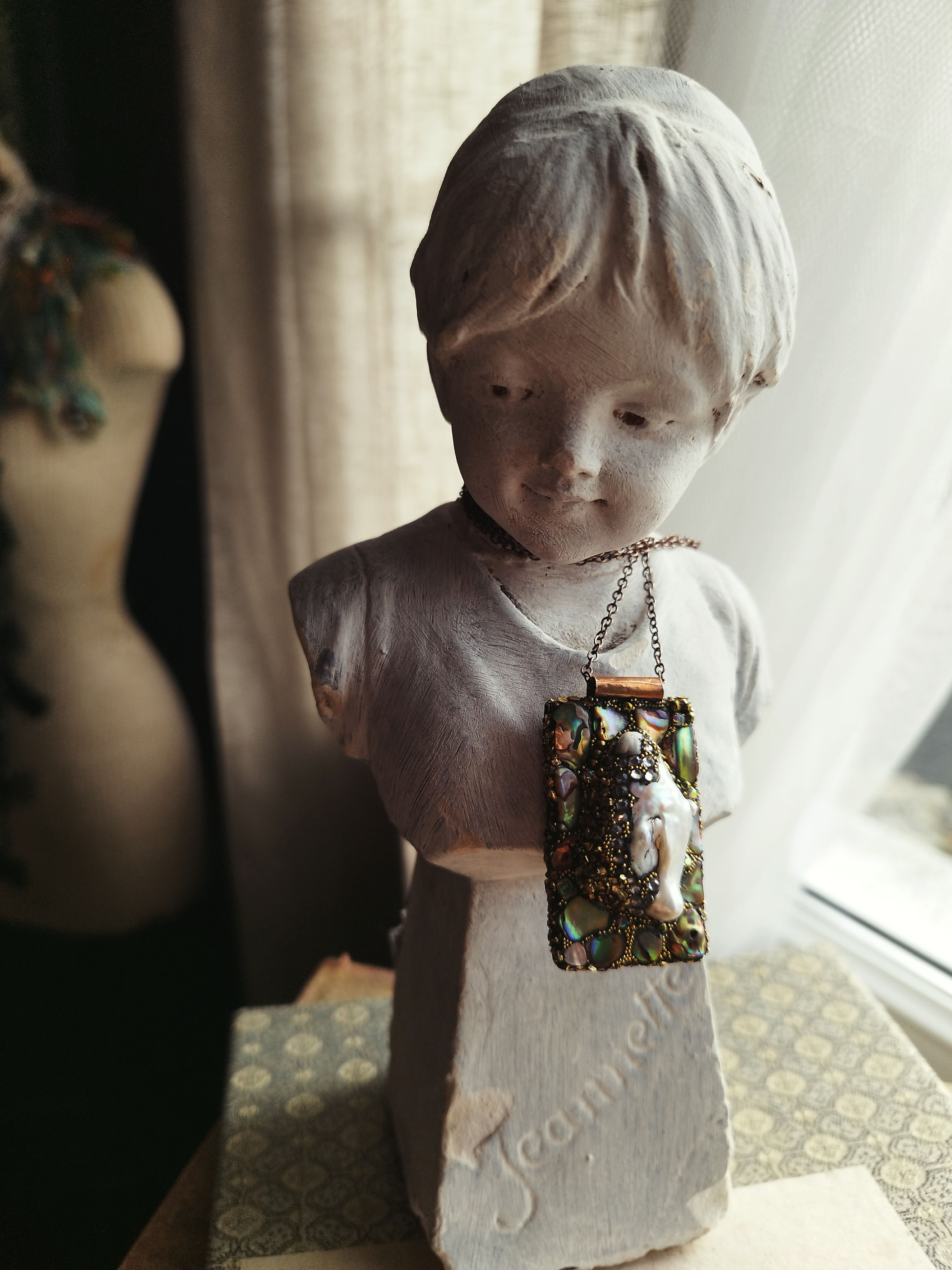 Secret Garden Necklace, "Mother-of-pearl Heart", crystals and mother-of-pearl