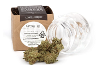 Cannabis outside of glass container with cannabis labeled box in background
