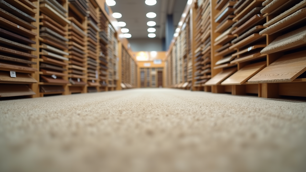Eye-level view of a flooring showroom with various carpet and hardwood samples