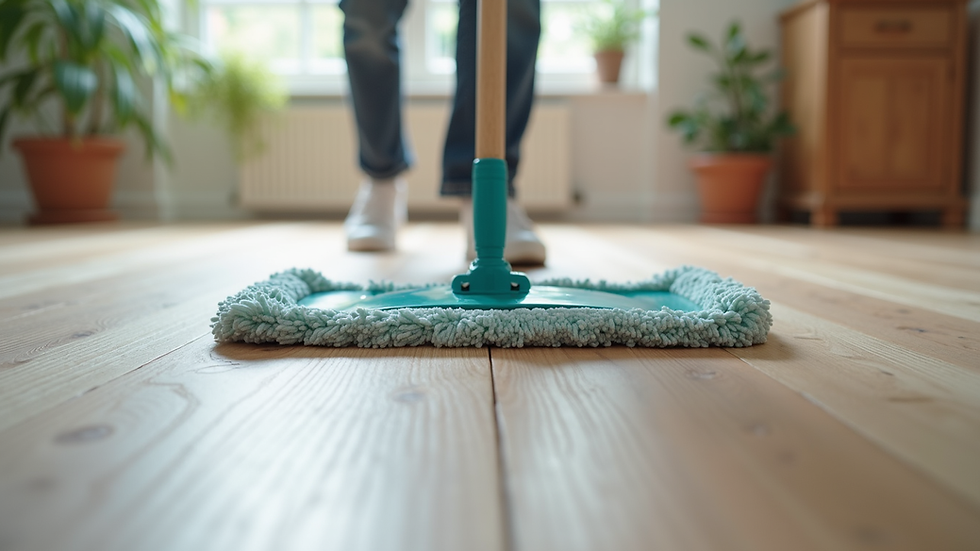 Eye-level view of a mop cleaning a vinyl plank floor