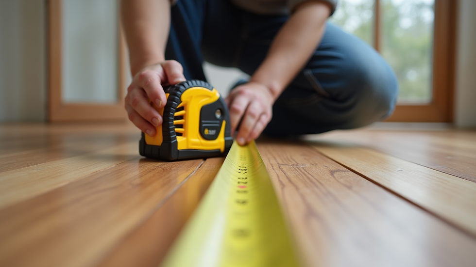 Close-up view of a tape measure on hardwood flooring being installed