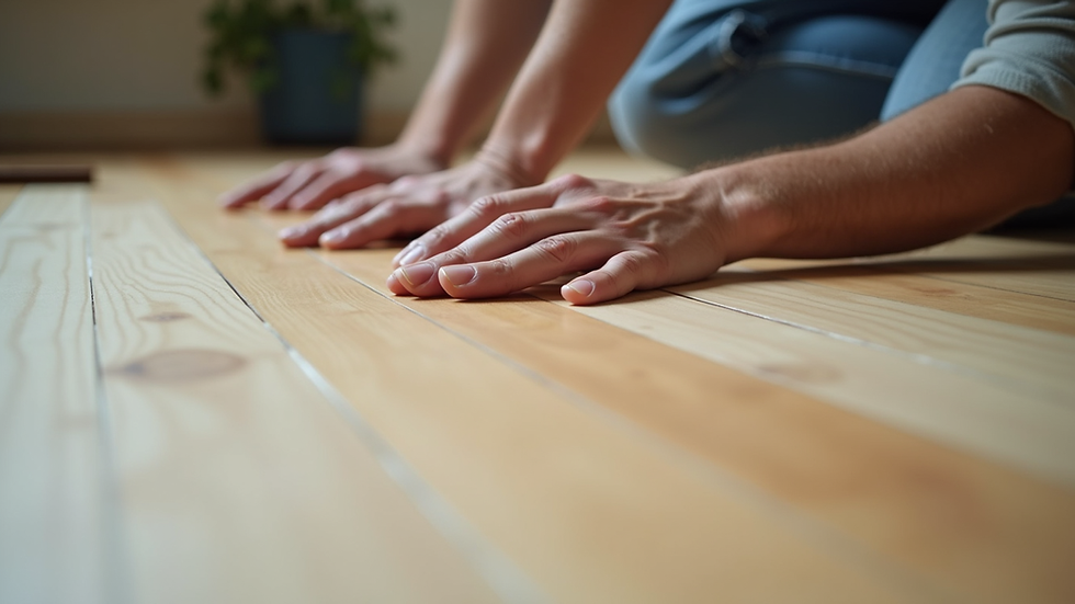Close-up view of flooring installer laying hardwood planks
