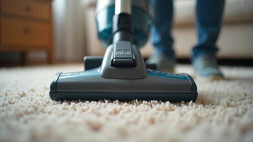 Eye-level view of vacuum cleaner gently cleaning loop pile carpet
