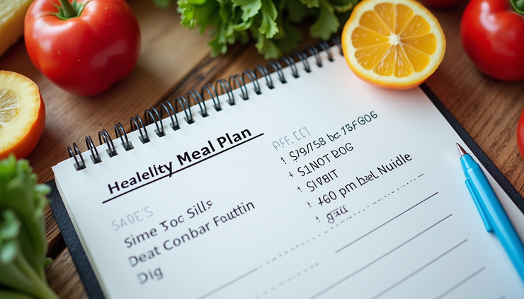 Plano alimentar e rotina de treino organizados em uma mesa com caderno e alimentos saudáveis