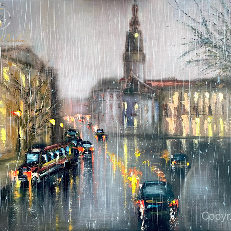 "Weimar bei Regen", Öl auf Leinwand, Spachtel-/Kratztechnik, 40x60