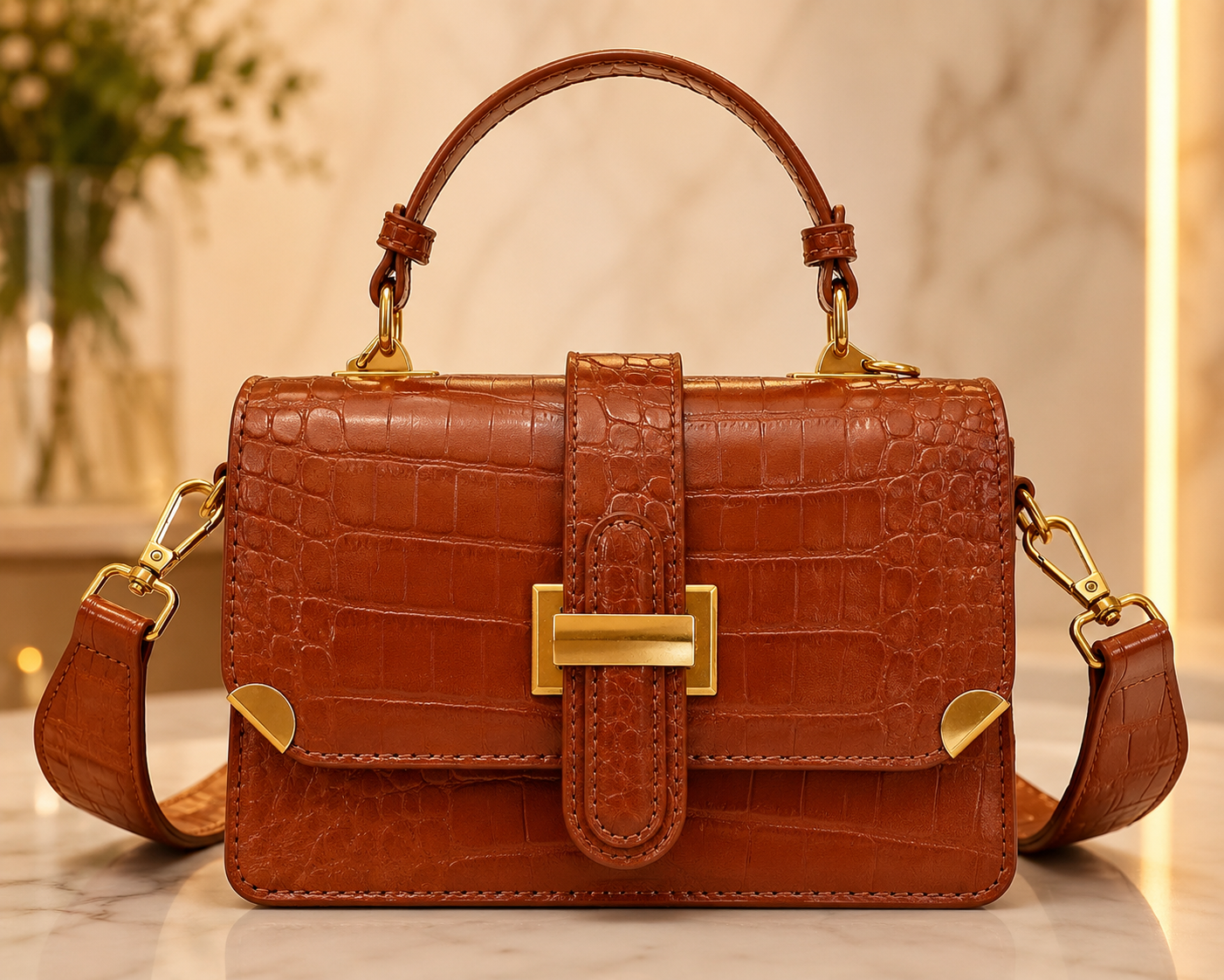 Elegant Cognac Croc Crossbody Purse