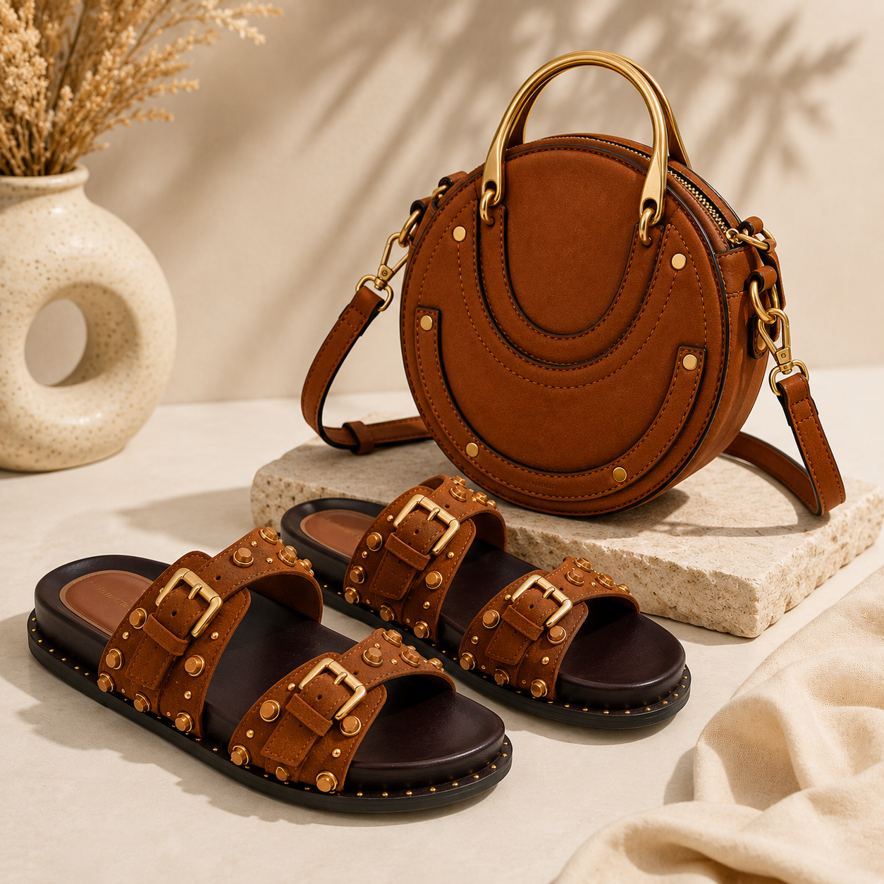 Pecan Comfort Slides and Purse Set
