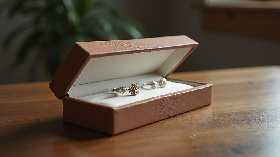 Zwei elegante Ringe in offener brauner Box auf Holztisch. Hintergrund mit unscharfer Pflanze. Luxuriös und einladend.