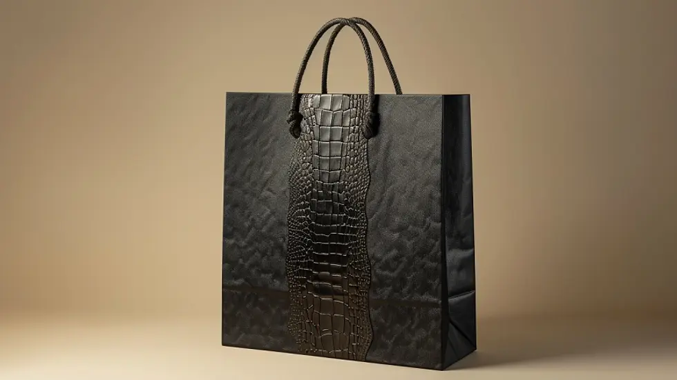 Dunkle Einkaufstasche mit Krokodilledermuster auf beigem Hintergrund. Elegantes Design mit geflochtenen Griffen und luxuriösem Look.