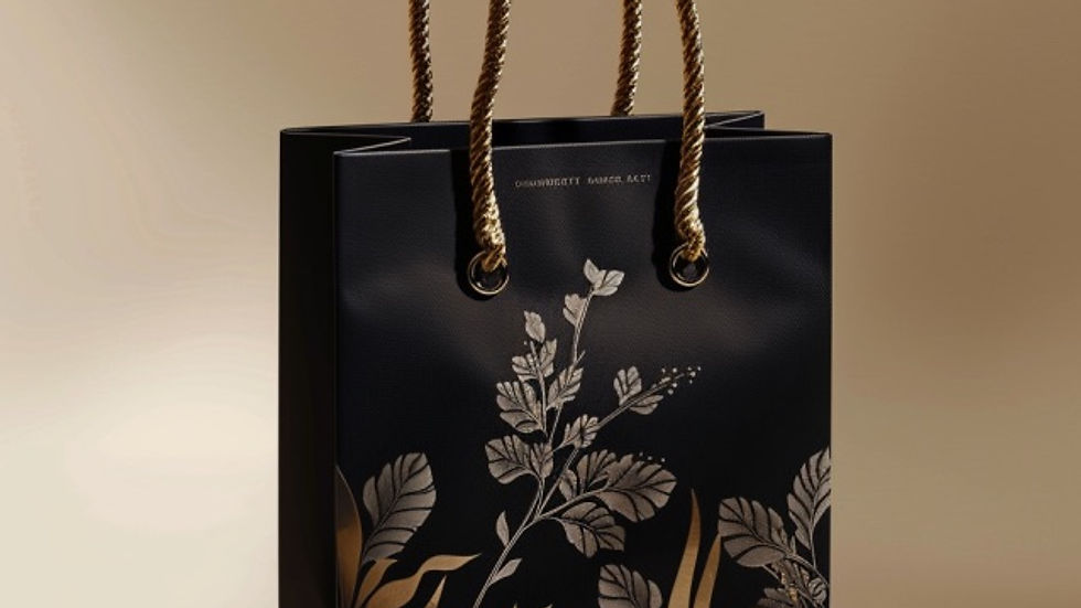 Schwarze Geschenktüte mit goldenen Pflanzenmotiven und gedrehten Griffen vor beigem Hintergrund. Text oben: "CONTEMPORARY MANNER ACT."