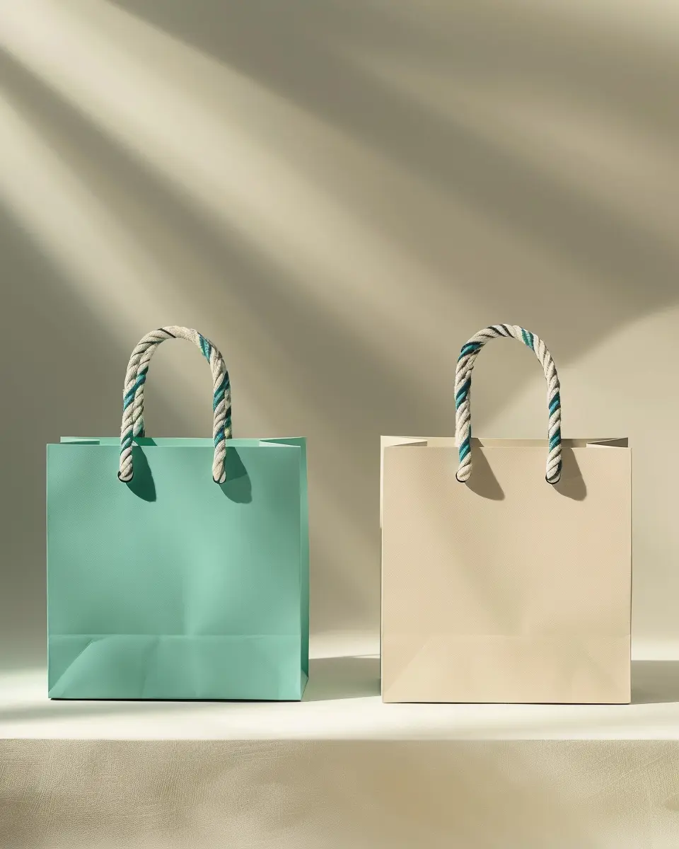 Zwei Einkaufstaschen, türkis und beige, mit gestreiften Griffen auf hellem Tisch, in sanftem Licht und Schatten.