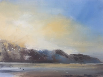 Gulls flying over Baggy Point under a warm golden sky