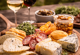 Elegant wine and cheese tasting at sunset overlooking Mudgee vineyards with local produce and regional wines