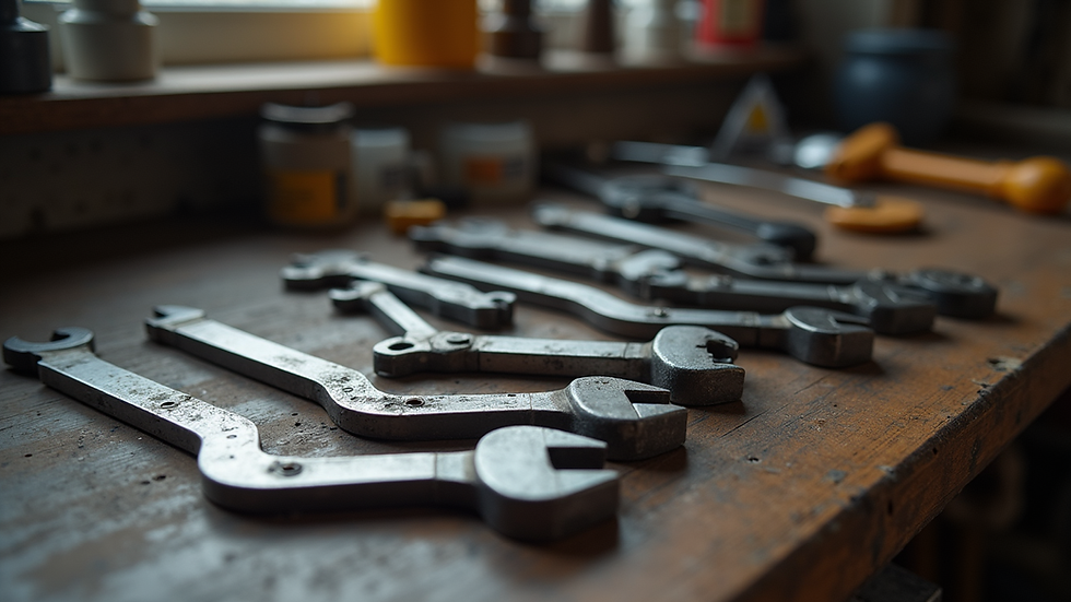 Eye-level view of locksmith tools neatly arranged on a workbench