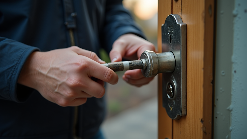 Close-up view of locksmith repairing a door lock with tools