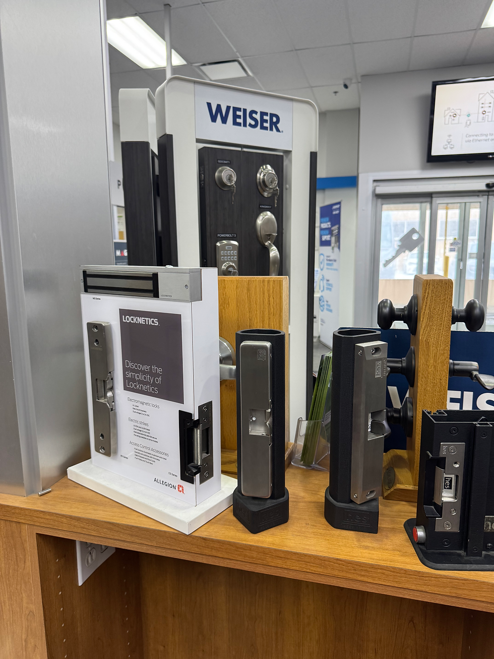 Eye-level view of locksmith tools neatly arranged on a workbench