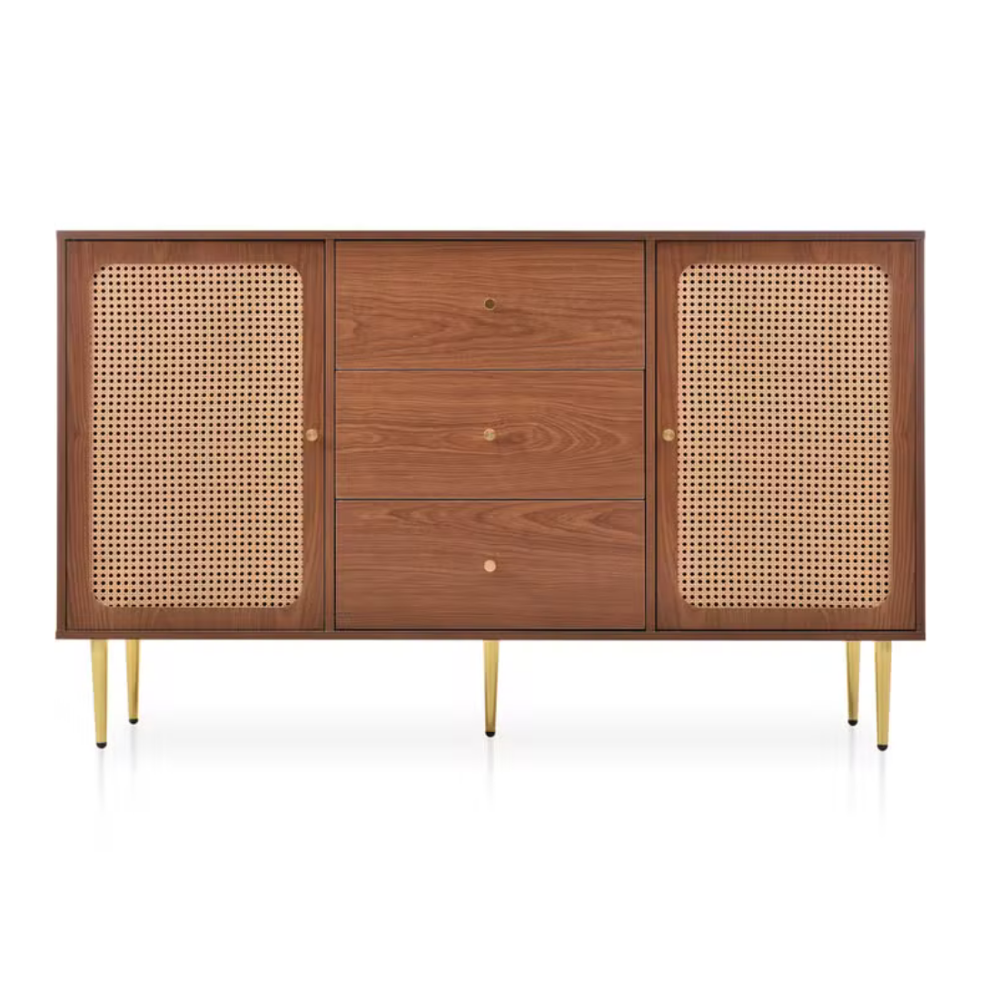 Linzo - Trinchador en acabado de encino tono nogal y rattan en puertas