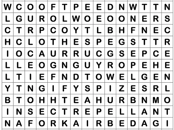 Here’s a word search relating to camping in a tent.